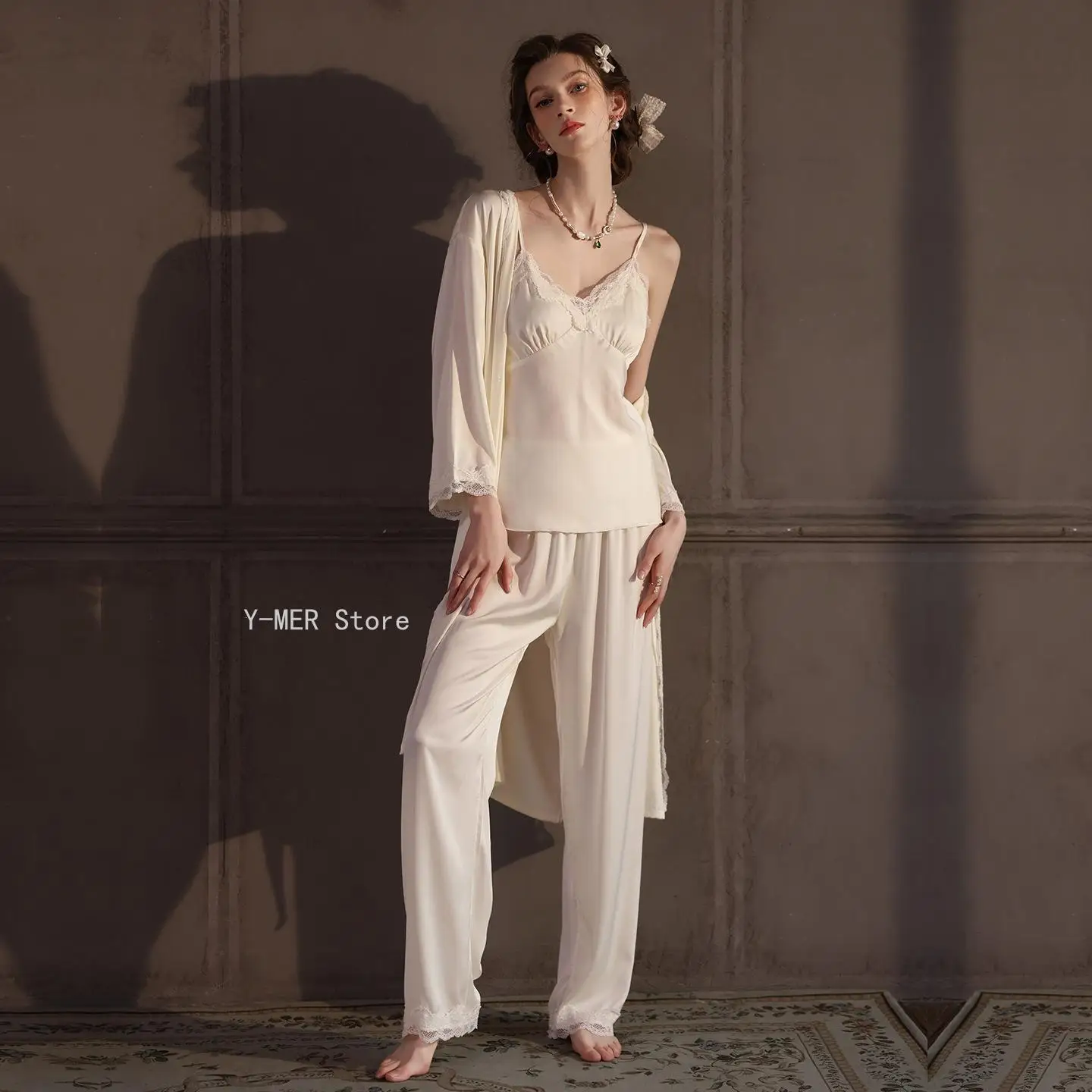 2026 Spring Autumn New Sexy Lace Cami Tank Top & Long Pants Loungewear Sleepwear Homewear Women 3 Piece Ice Silk Pajama Set