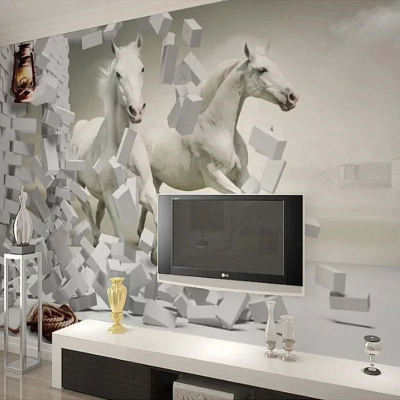 

Custom Mural Wallpaper White Horse Galloping Brick Wall Living Room Sofa TV Background Photo Wall Art Papel Pintado Pared Tapiz