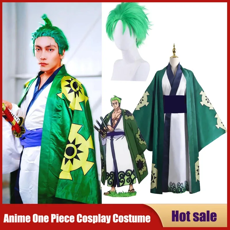 Disfraz de Anime Roronoa Zoro, bata tipo kimono de una pieza, peluca, juego de rol, fiesta de Navidad, Carnaval, Trafalgar Law, traje completo para hombres