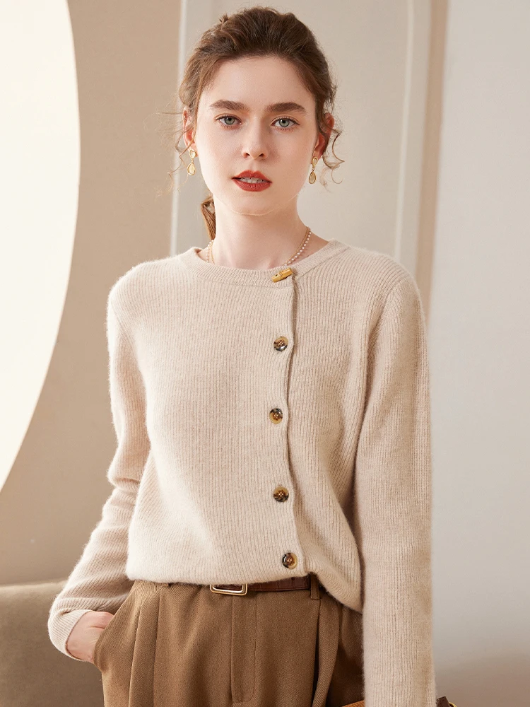 Ladies 100%Cashmere Cardigan O-Neck New Large Size Coat Knit Base Shirts Winter Spring Wild Thick Wool Sweater Women Jacket