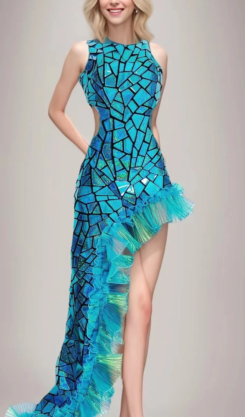 

Костюм для шоу девушки, наряд для вечеринки, концертный наряд, костюм для шоу на вечеринке EventFantasy, синее лазерное зеркало, блестки, нерегулярная длина пола, L