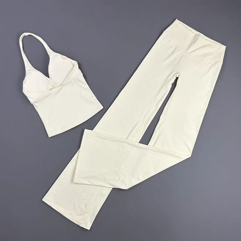 Damen 2-teiliges Gym-Set: Original Neckholder-Top, schmal geschnittene Yoga-Schlaghose, hochelastisch, weich, für Fitness, Workout, Pilates, Radfahren. – Detail 8