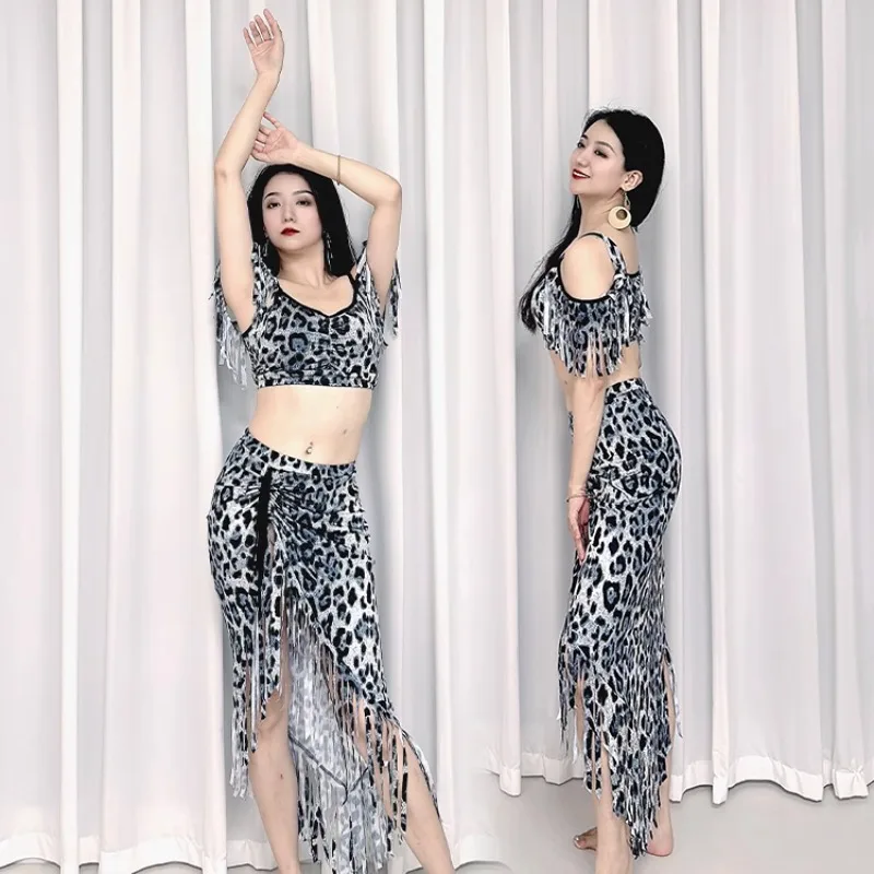 customized belly dance practice outfit handmade shredded tassel split set inspired fusion wind gray leopard print diagonal skirt