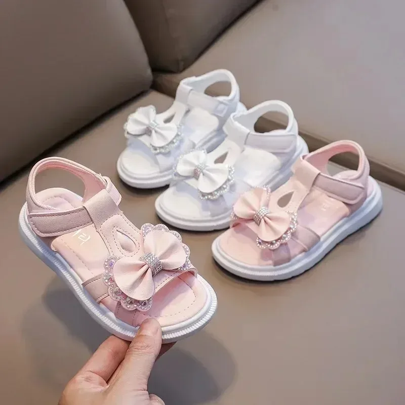 Girls Sandals Children Summer Sweet Rhinestone Party Princess Beach Shoes Cute Bowknot Soft Sole Flat Sandals