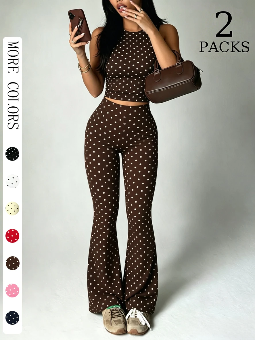 2er-Pack Y2K Damen Polka Dot 2-teiliges Set Crop Top Hochgeschnittene Schlaghose Vintage Club Tägliches Outfit – Detail 1
