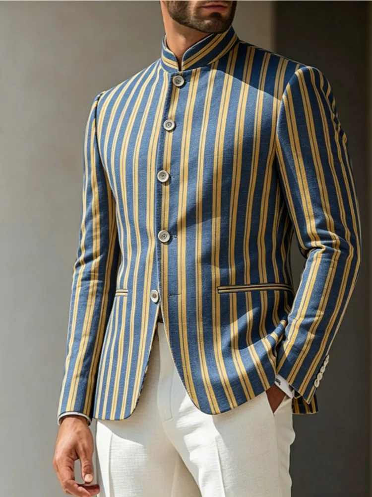 Mens Slim Fit Stand Collar Blazer Blue and Yellow Wide Stripe Pattern Vibrant Outerwear