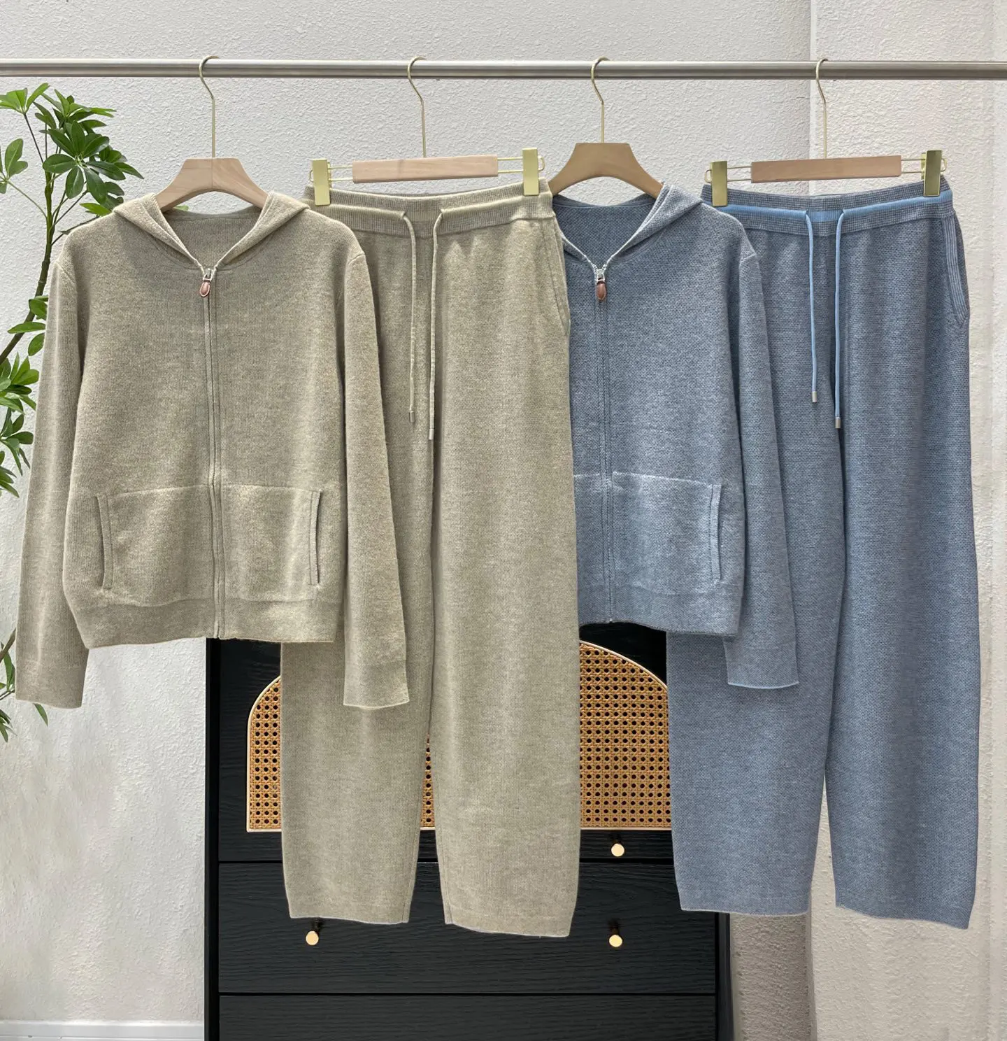 Women's 2026 Autumn Winter New Wool Cashmere Hooded Zipper Knitted Cardigan With Elastic Waist Tapered Pants Casual Suit