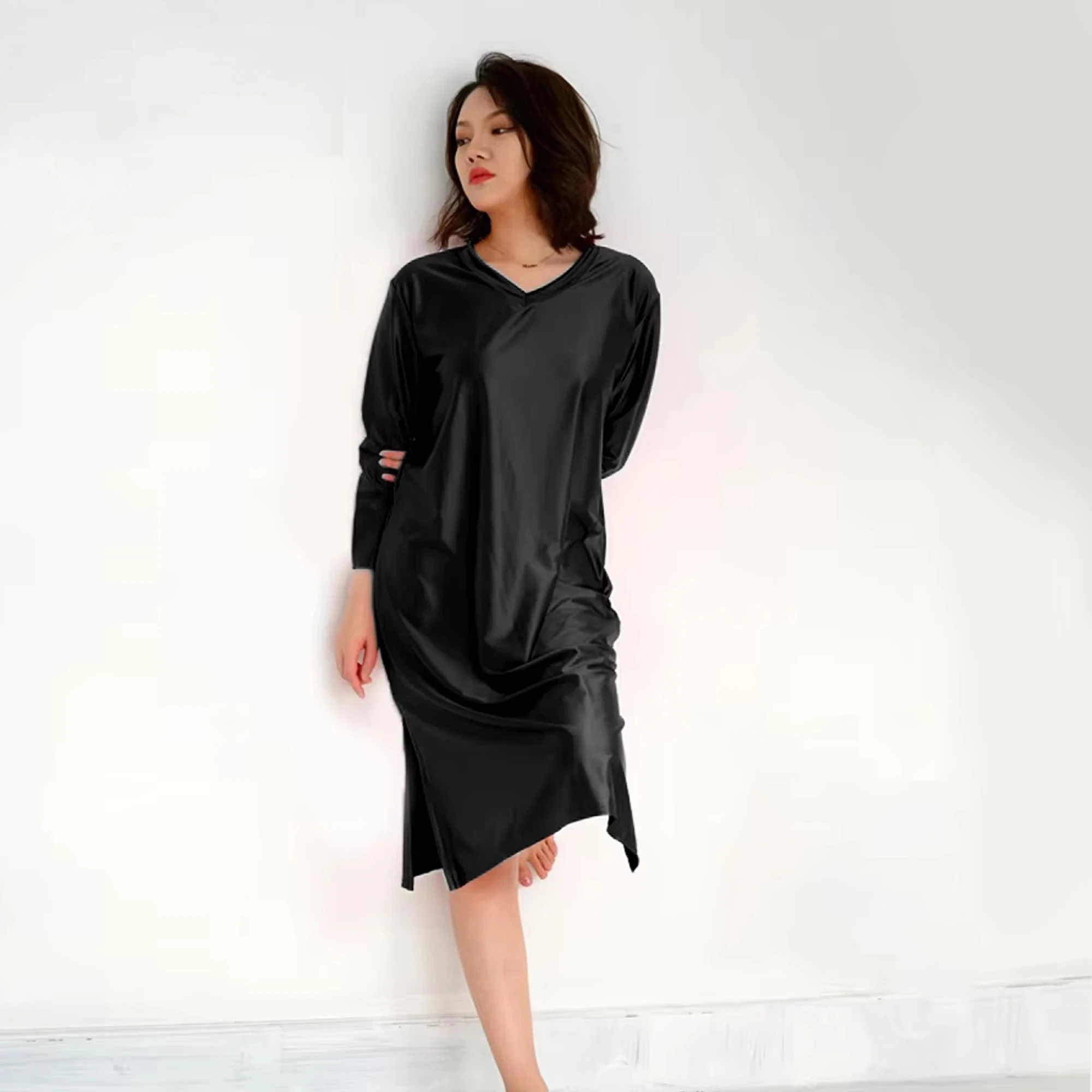 

Summer women's glossiness dress O Neck short sleeves Casual Loose Tshirt dresses solid color Plus size sleepdress homewear