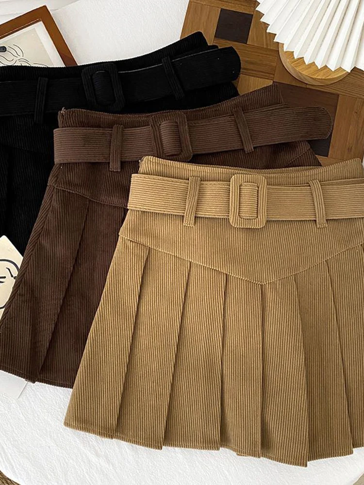 Preppy Style Belt Pleated Skirt Women Vintage Corduroy Slim High Waist Mini Skirts Fall Winter Sweet Retro Female Sexy Skirt New
