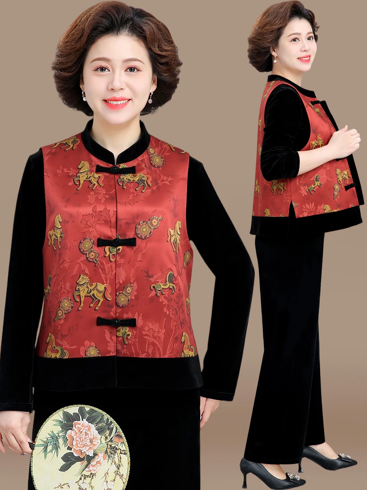 

Новый китайский комплект из трех предметов для мам: бархатная одежда для весны и осени для женщин среднего и старшего возраста, одежда для счастливых бабушек