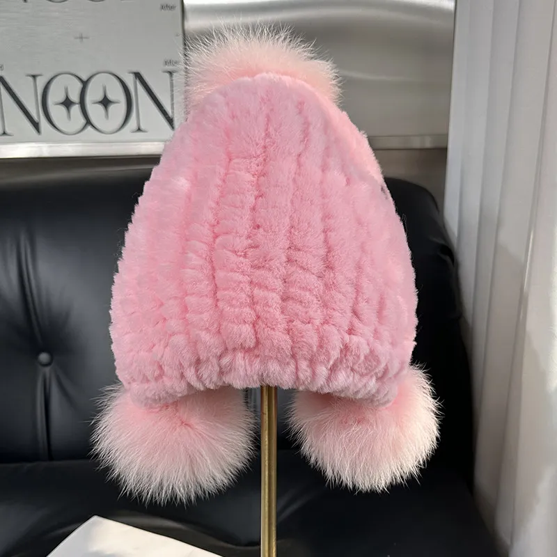 Rex Rabbit Fur Children Hat Winter Warm Kids Plush Fur Beanie Fluffy Cute Fur Ear Flap Hat Soft Fur Pom Pom Kids Hat