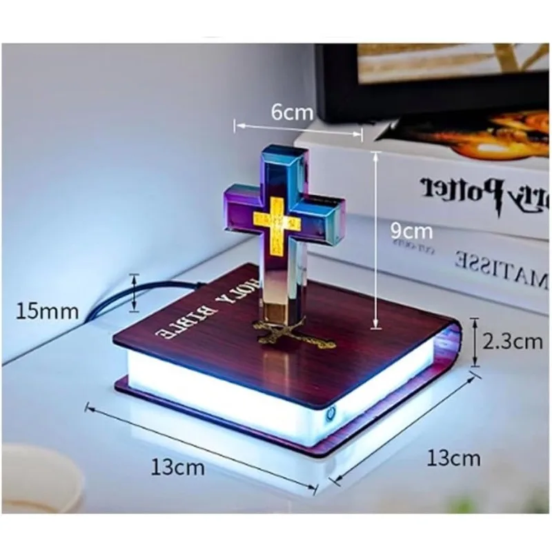 Levitating Cross Lamp Floating Jesus & Bible Night Light Magnetic Levitation Cross Ornament Glowing Cross Light Home Desk Gift view 6