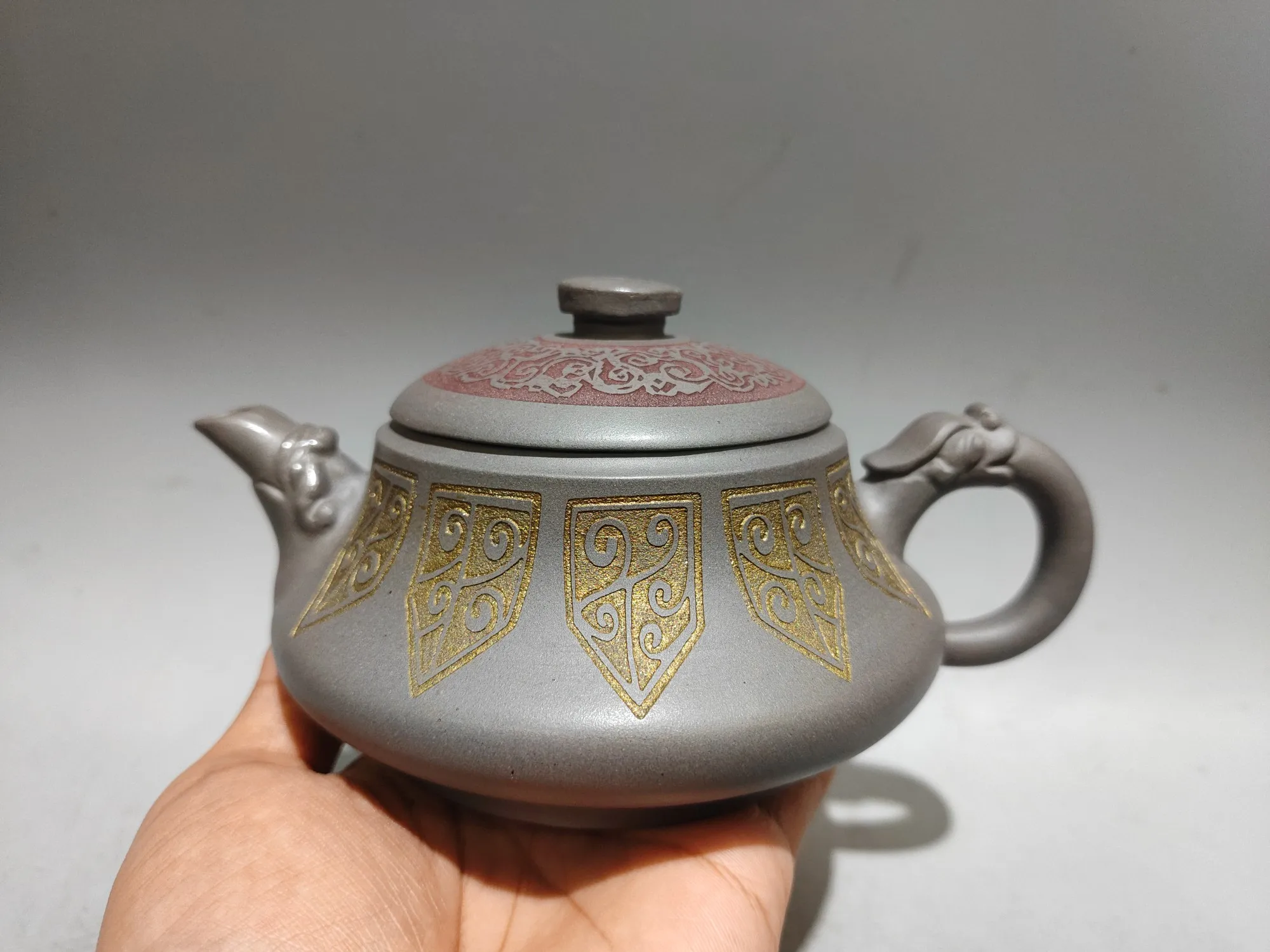 Chinese Crab shell green Gilded Ancient symbol patterns Han flat pot Kettle Teapot Flagon Gather fortune