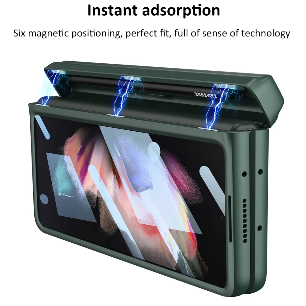 Magnetic Hinge Plain Leather Case For Samsung Galaxy Z Fold 3 All-included Protective Pen Holder Cover For Galaxy Z Fold3 4 Case