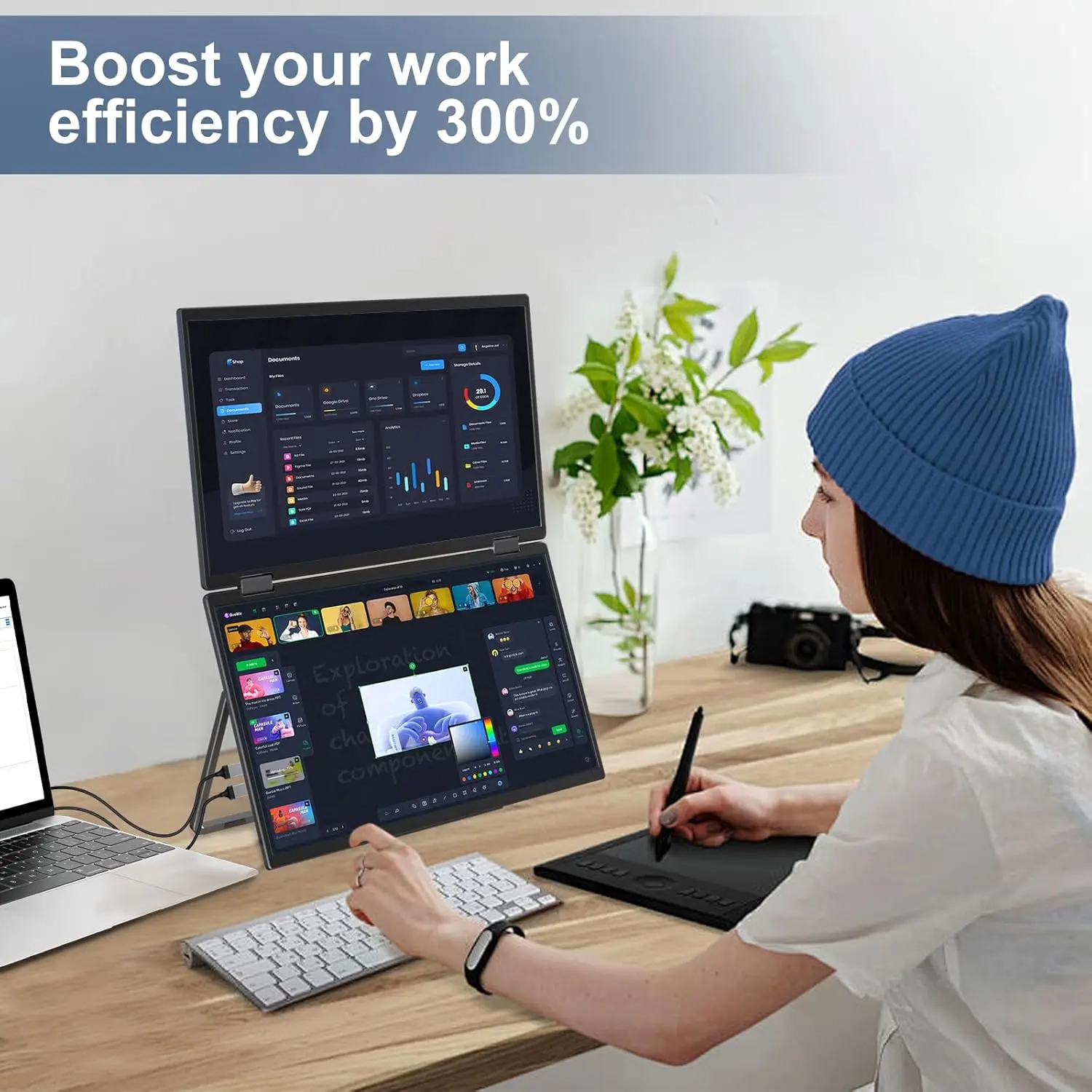 Moniteur Portable double 15.6 pouces, 1920x1080P FHD, réglable, double empilé, pliable, haut-parleurs intégrés, extension d'écran