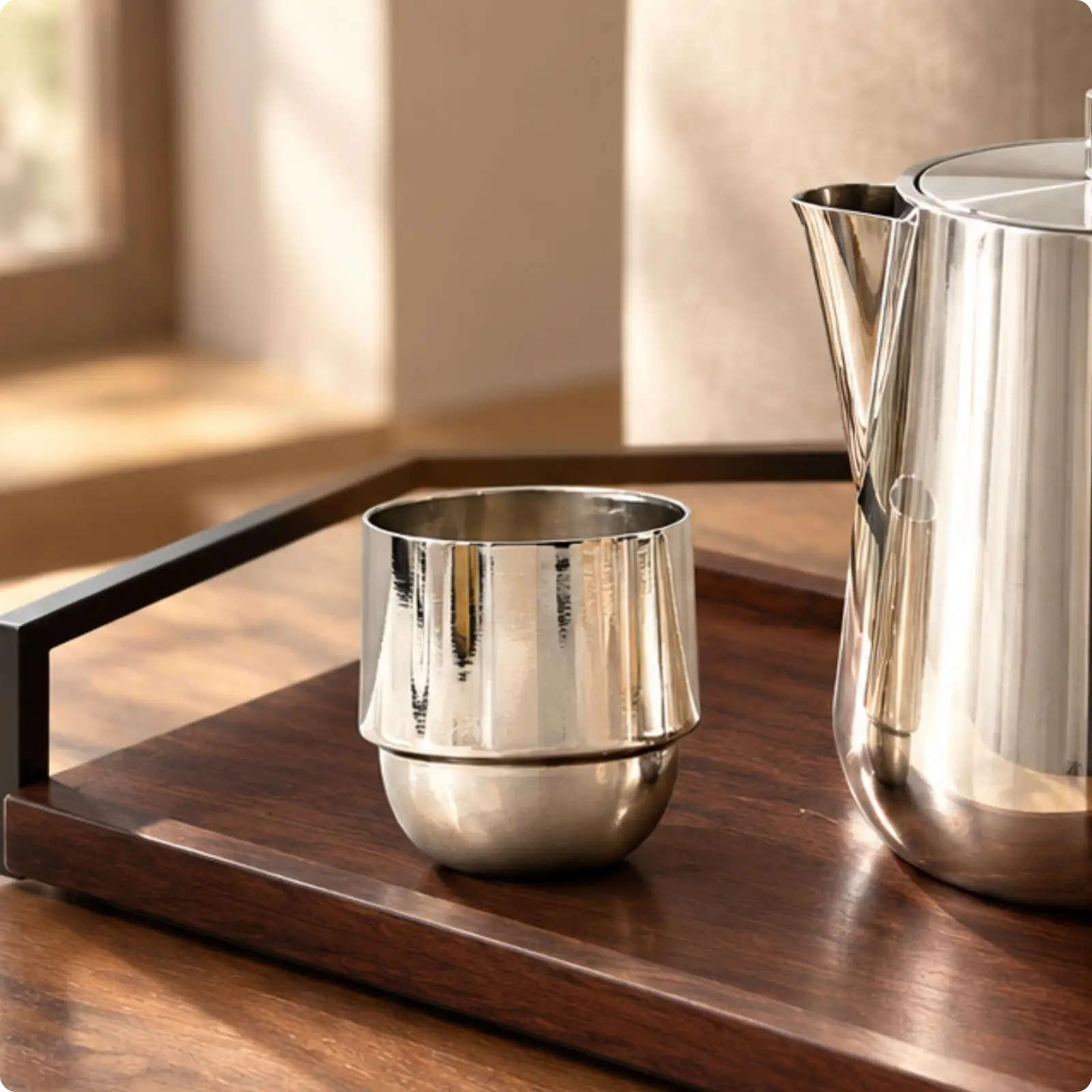 Reflective Silver Stainless Steel Coffee Cup Decorative Kettle Low Profile for Serving Tray and Display Shelf