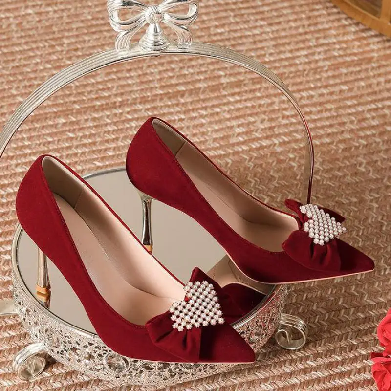 Size 30-44 Wedding Shoes Red Heart-shaped Pointed Thin High Heel Bride Bridesmaid Shoes