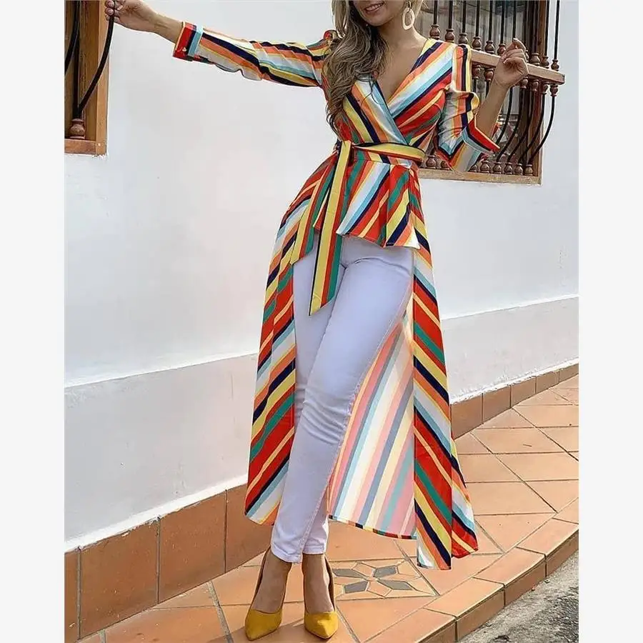 

Женская летняя модная блузка с полосатым передом, укороченная, приталенная, с V-образным вырезом, средней длины, в уличном стиле