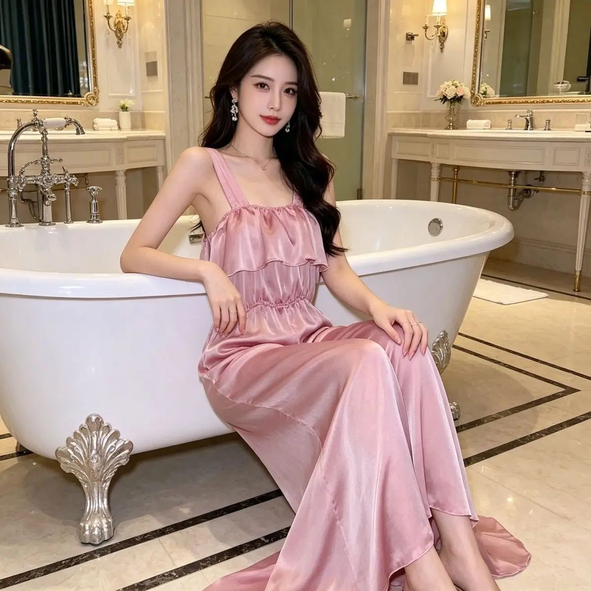 Sheer Quick-drying Camisole Ice Silk Skirt Scarf Home Jumpsuit Soft Skin-friendly Feel Elegant Fairy Dress Party Nightclub Wear