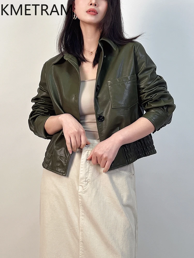 100% jaqueta de pele de carneiro natural mulher verde escuro curto jaquetas de couro genuíno feminino novo em outerwears outono roupas 2025 chaquetas