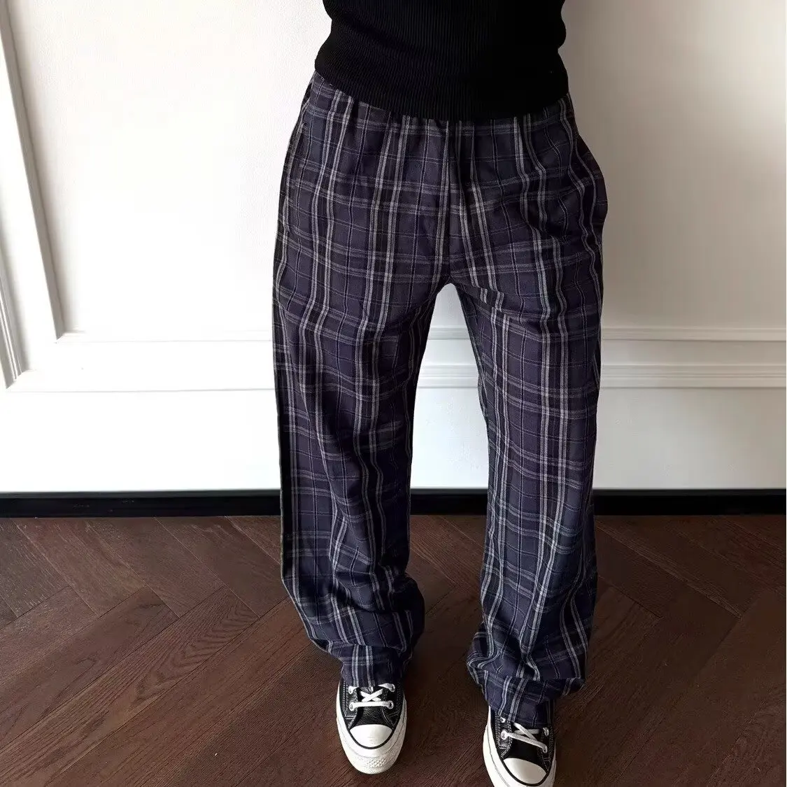 

Мужские повседневные брюки с клетчатой текстурой, свободные прямые длинные мужские простые повседневные брюки в клетку, дышащие брюки полной длины