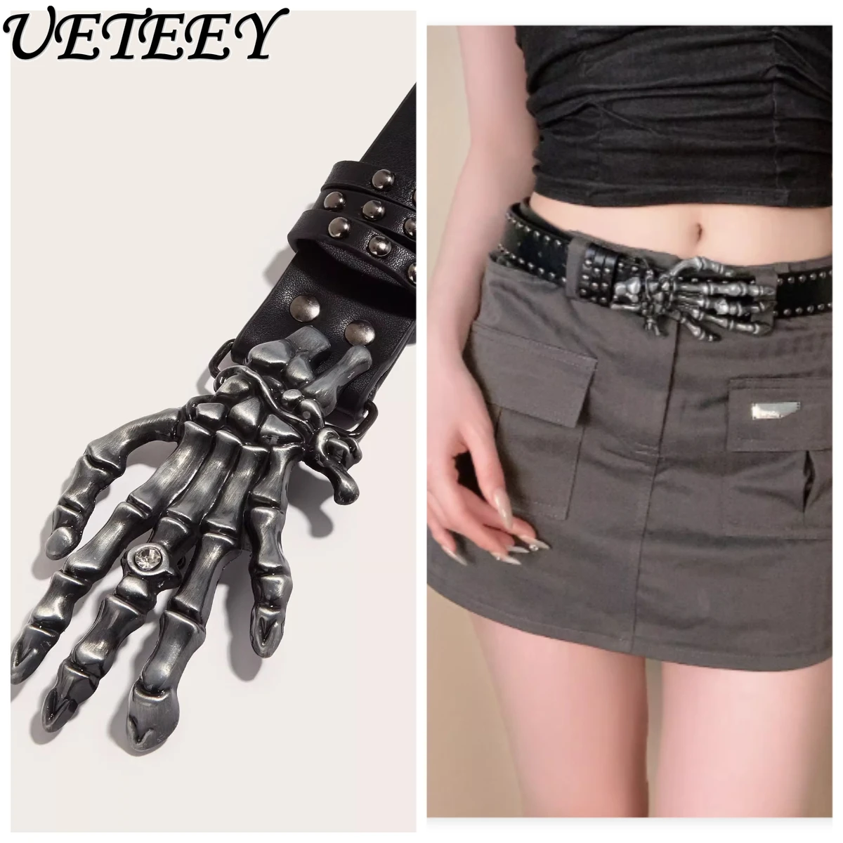 

Кожаный ремень в стиле Y2K с черепами, панк-ремень с заклепками для косплея, уличный стиль, для мужчин и женщин, аксессуар для джинсов