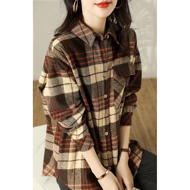 Fashion Lapel Printed Folds Asymmetrical Plaid Shirts Women\'s Clothing 2023 Autumn Winter Loose All-match Tops Commuter Blouses