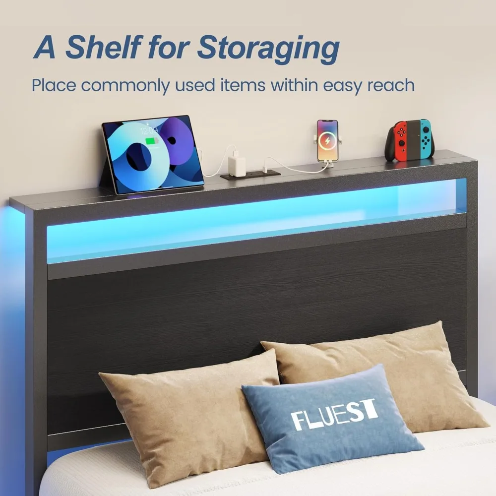 Estrutura de cama de solteiro, estrutura de cama de solteiro com cabeceira de armazenamento e gaveta de armazenamento, estação de carregamento e luz LED, sem necessidade de molas