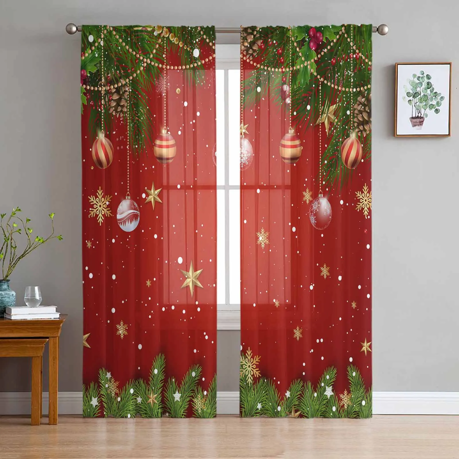 Christmas Light Balls Pine Branches Tulle Curtains for Living Room Sheer Curtain for Bedroom Kitchen Blinds Voile Curtains