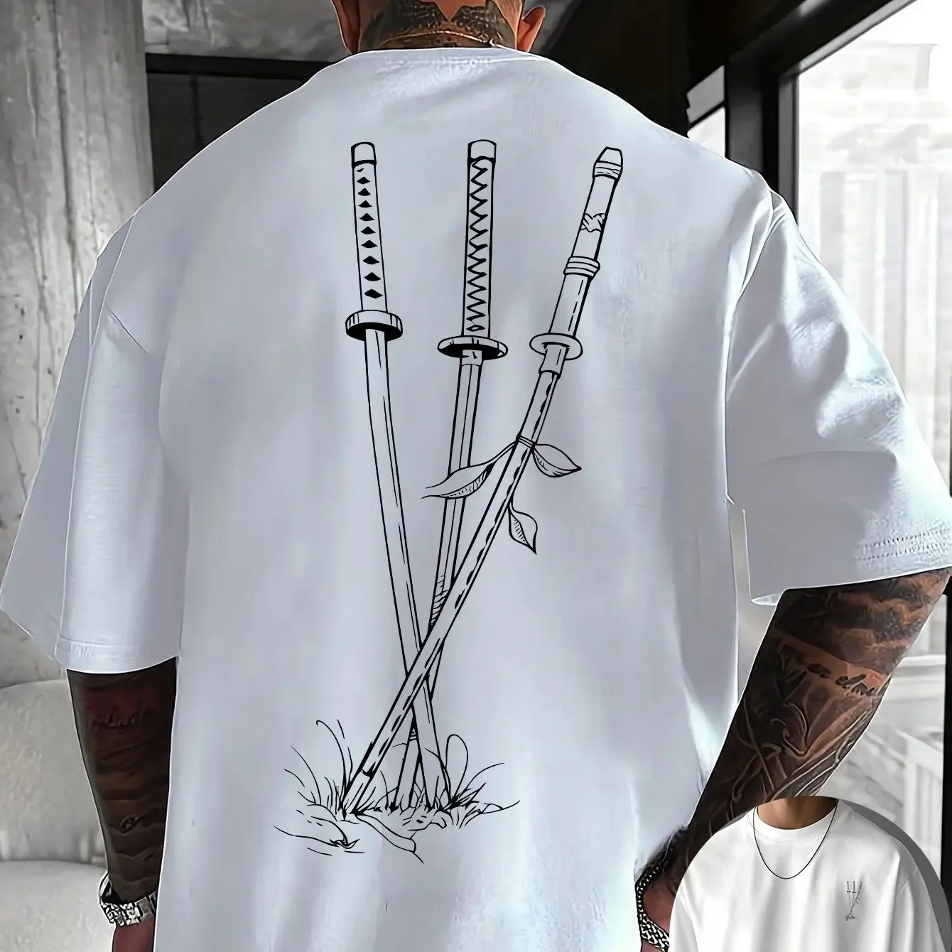 Mens 100% Pure Cotton Tee Samurai Blade Grass Leaf Sketch Minimal Chest Mini Logo Graphic Loose Streetwear Short Sleeve Shirts