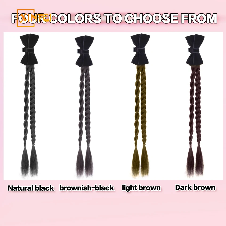 XINFEI เจ้าหญิงสไตล์หวาน Bow Hairpin-on วิกผมสังเคราะห์ Double Twists Braid จําลอง Headwear ผมหางม้า Extension