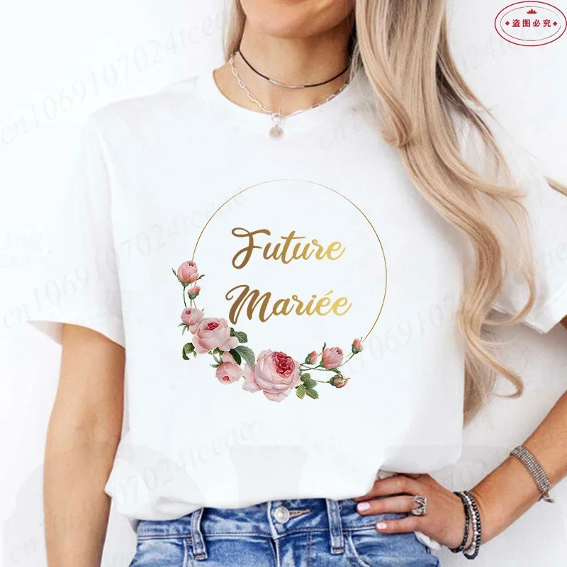 Franse vrouwen bruids bruiloft verloofd tshirt team toekomstige bruid bloem krans T-shirt vrijgezellenfeest tops korte mouwen tees