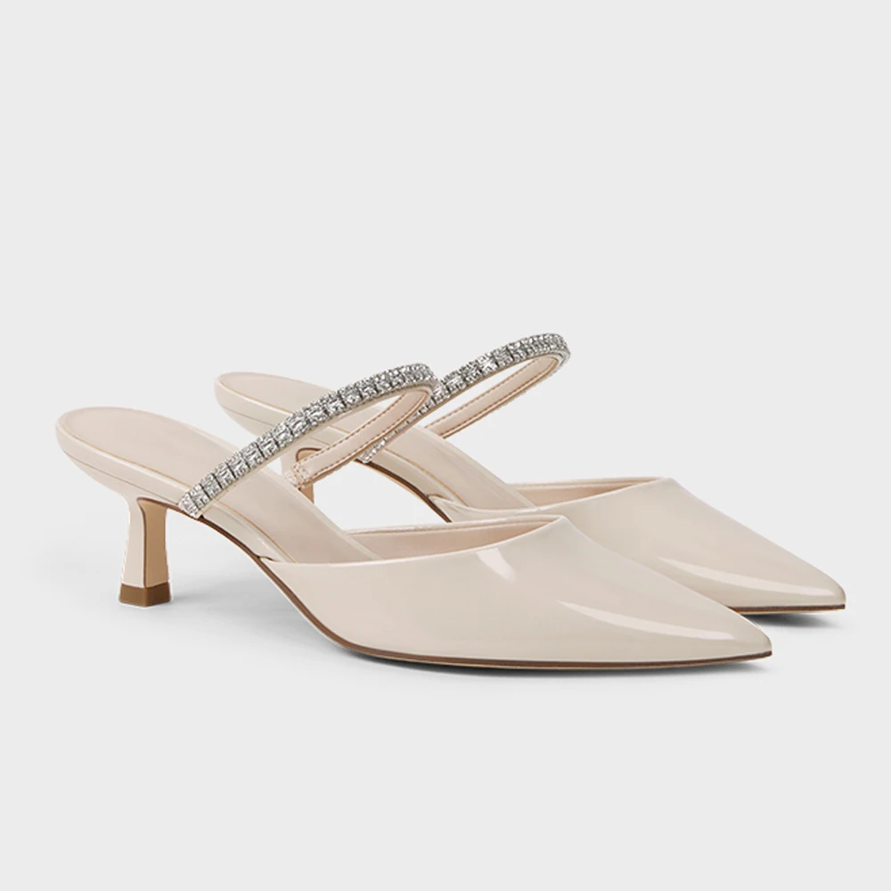 

FWRD Women's Patent Leather Pointed-Toe Rhinestone Strap Kitten-Heel Mules, Comfortable, for Daily & Chic Wear #FWRD000270