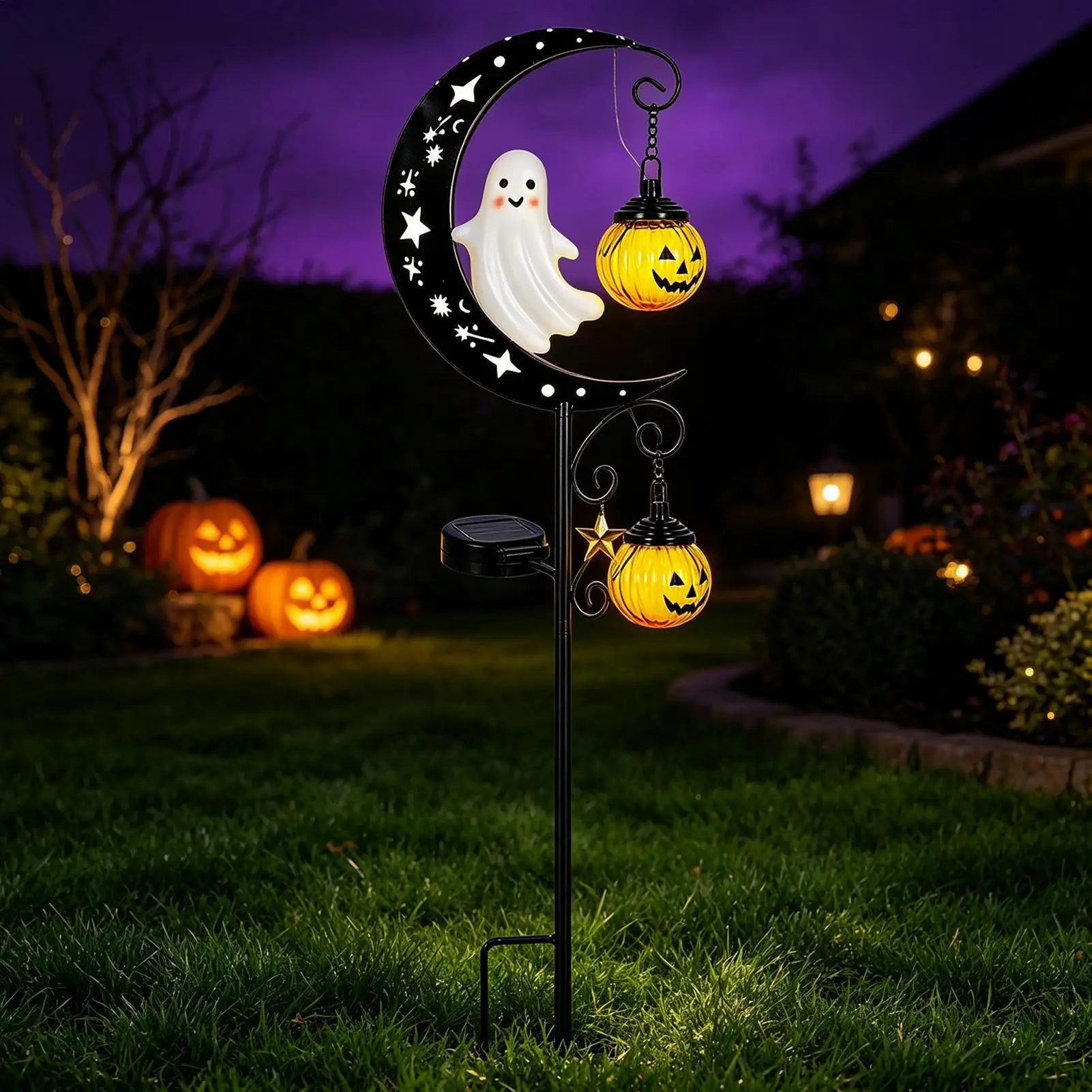 Solar Halloween Lights Crescent Ghost Warm Glow Waterproof Solar Powered Halloween Decorations For Garden Yard Landscape Pathway