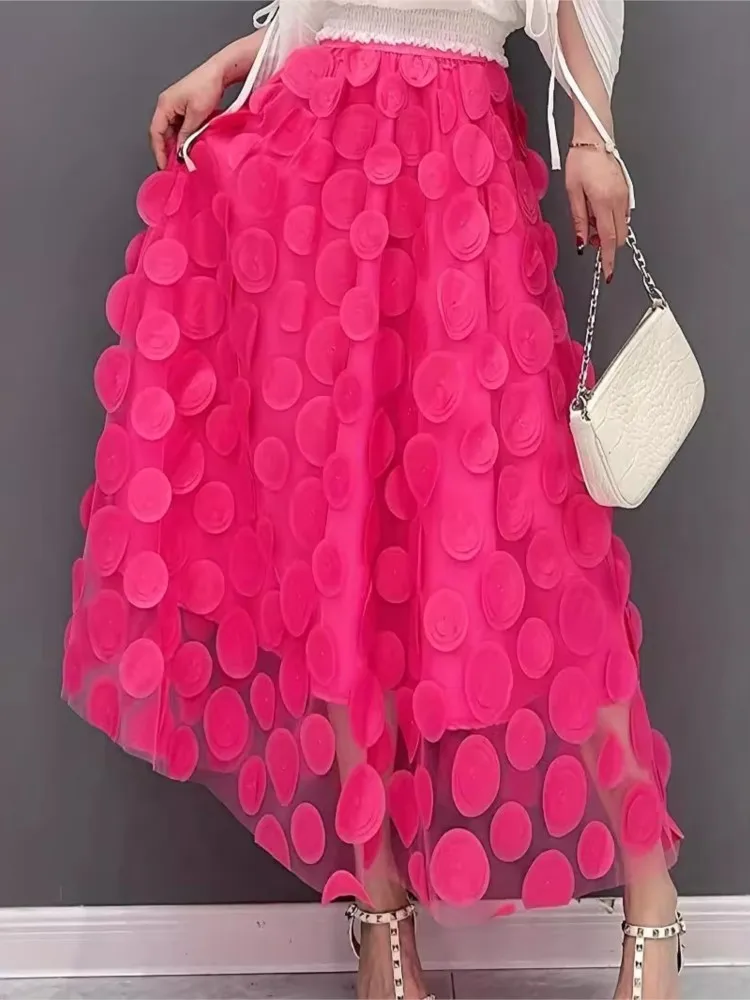 Spring Summer Woman's Fashion Patch Spliced Mesh Skirt Foreign Style Solid A-line Skirts Ladies Elastic Waist Versatile Clothing