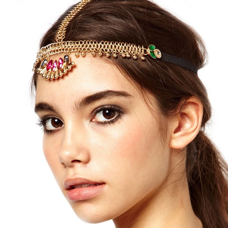 Fashion Indian Wedding Hair Jewelry Green And Pink Crystal Headpiece Forehead Punk Headband For Women Girls