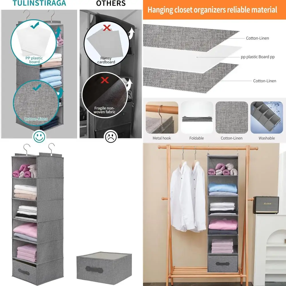 

Collapsible 6-Tier Sweater Hanging Organizer with Drawers, Grey (6 Shelves, 1 Drawer)