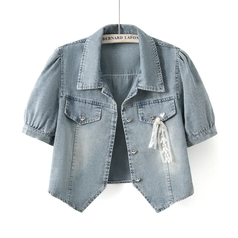

Summer New Women Solid Color Thin Short Denim Jacket Casual Vintage Jeans Coat Female Short Sleeves Loose Cowboy Outwear B1261