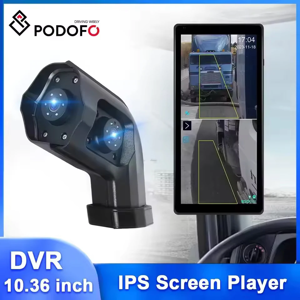 Podofo 10.36'' Car Side View Vertical Monitor For Truck Electronic Rearview Mirror Touch Screen Dual-Cam DVR BSD IP68 Waterproof