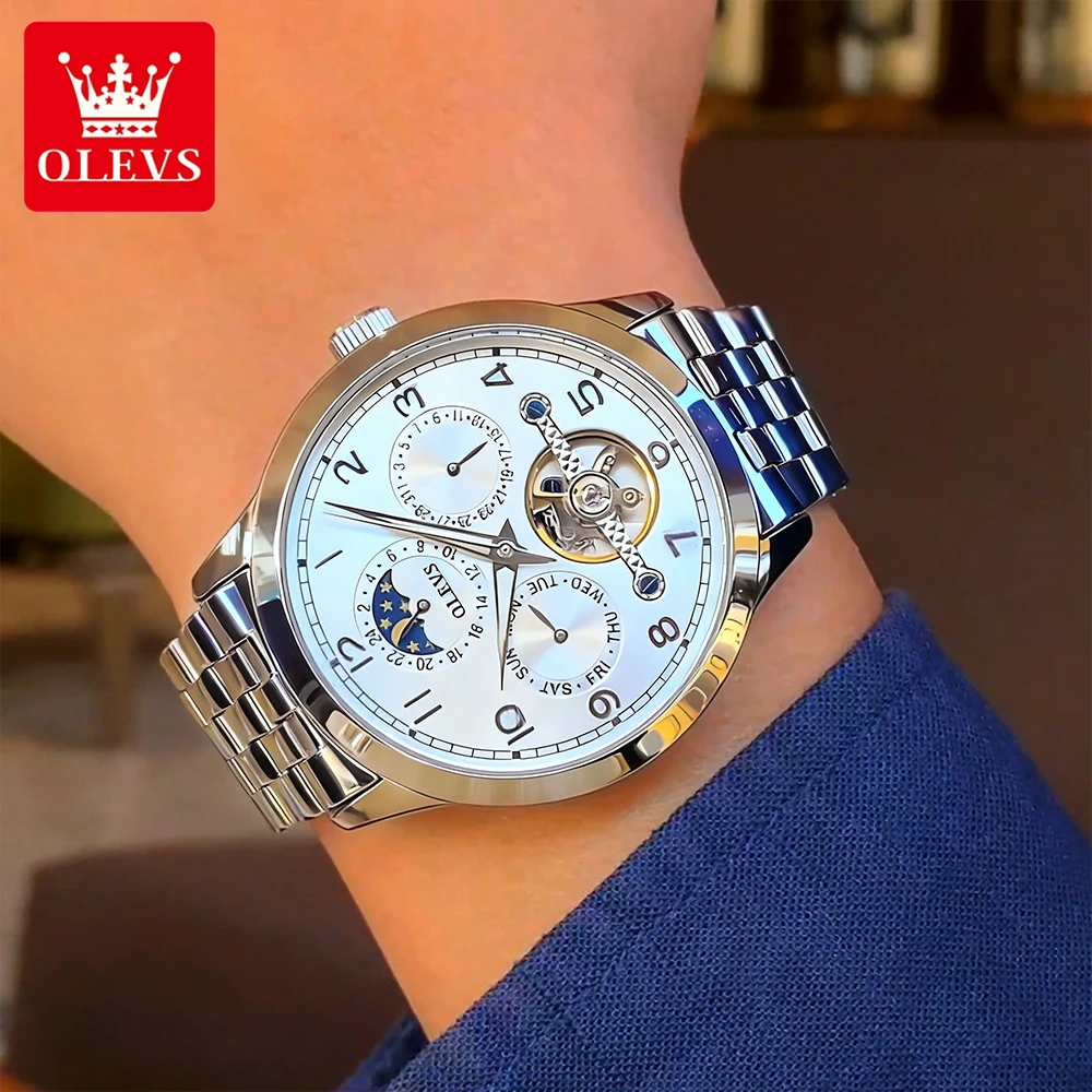 OLEVS ساعات رجال الأعمال عادية الفولاذ المقاوم للصدأ ذاتية الملء دولاب الموازنة الأصلي التلقائي ساعة اليد الميكانيكية مرحلة القمر #2