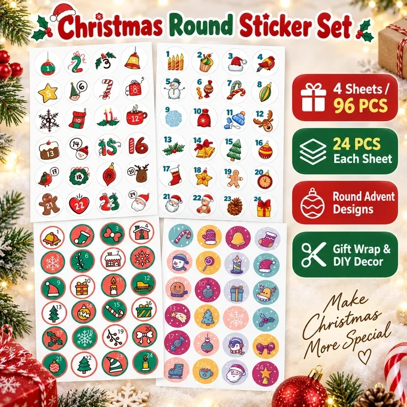 Vintage Christmas Round Stickers 96pcs Advent Calendar Number Stickers For Gift Box Decoration Diy Scrapbooking Craft Supplies