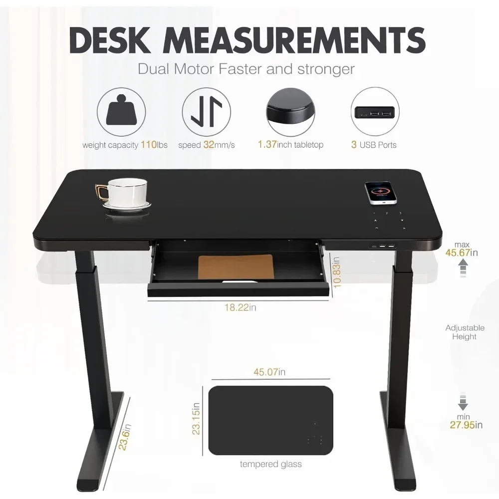 Glass Top Standing Desk with Wireless Charging with Drawer Dual Motor Electric Adjustable Height Desk with USB Type-C/A Port