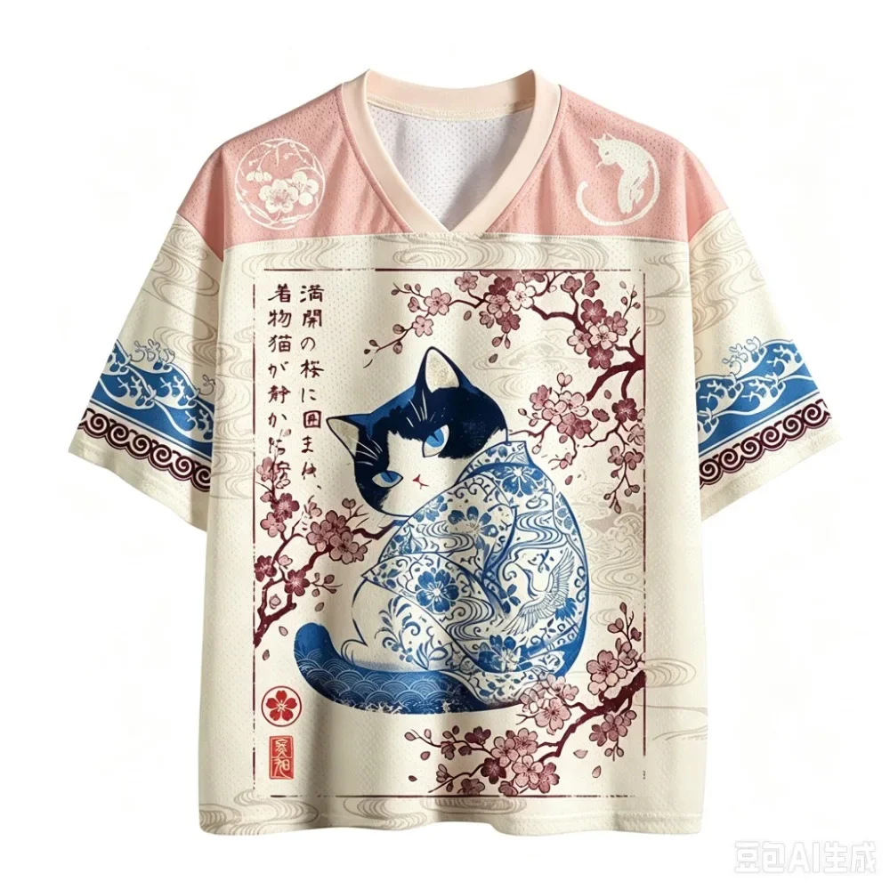 Retro-Kirschblüten-Katzen-3D-Druck für Herren und Damen, V-Ausschnitt, sportliches, atmungsaktives, locker geschnittenes T-Shirt – Hip-Hop, urban, Y2K, Familienbekleidung – Detail 4