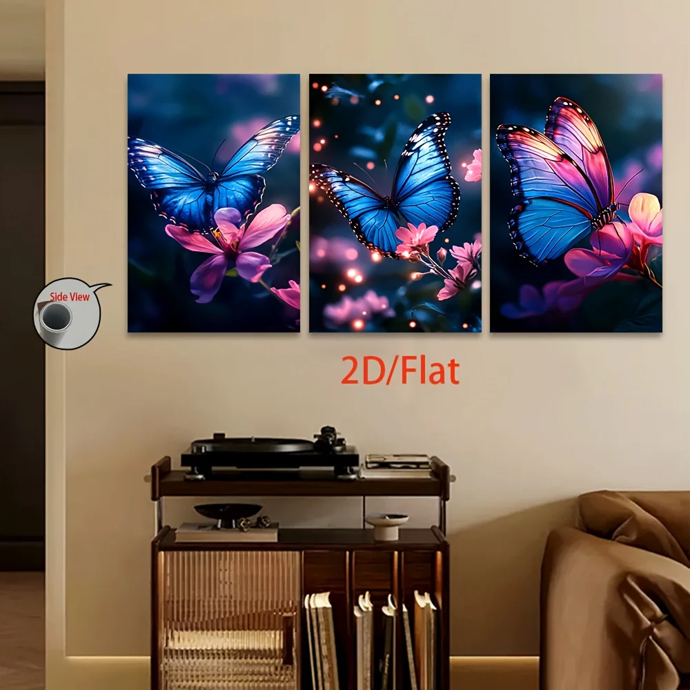(No frame)2D Flat, Wall Décor, 2D Flat, 2D Flat 3pcs Set, 2D/Flat, Canvas Printings--Frameless, Blue Butterfly on Pink Flower