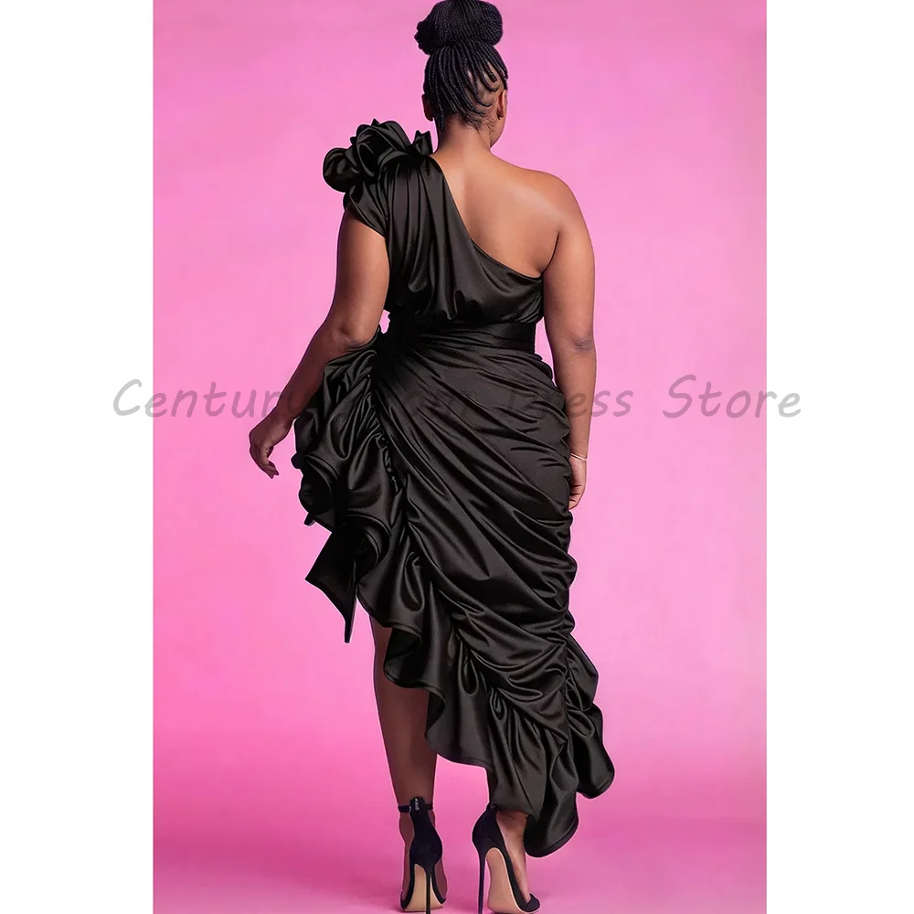 Plus Size Black Formal Party Dress One Shoulder 3D Flower Satin High Low Ruffle Gown for Wedding Guest Red Carpet Gala view 2
