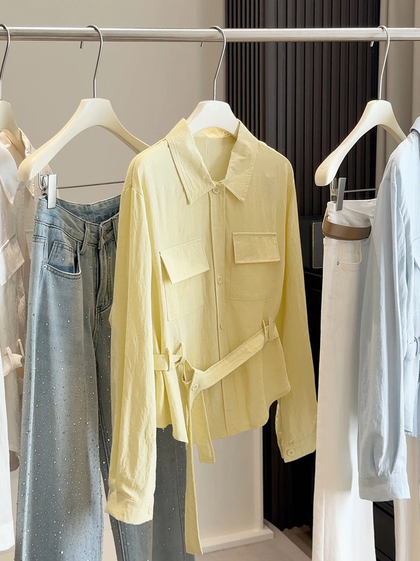 

Turn Down Collar Long Sleeve Women's Shirt Spring Chic Lace Up Solid Color Thin Tops 2026 New Office Lady Temperament Blouse