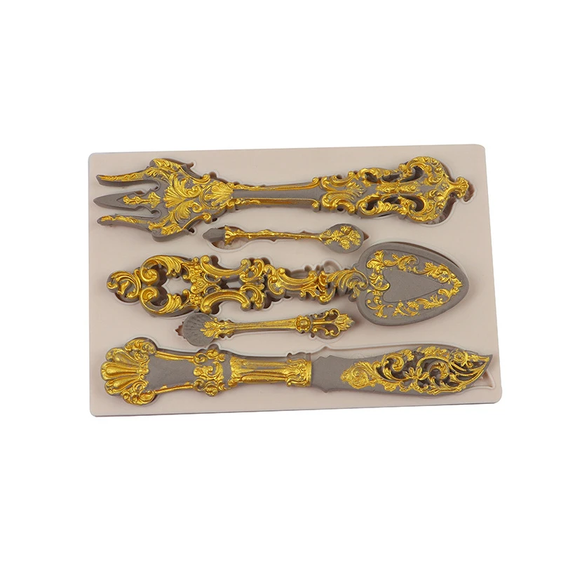 Vintage Tableware Silicone Mold Baroque Fork Knife Spoon Fondant Mould For Chocolate Cake Decoration Topper Polymer Clay Art