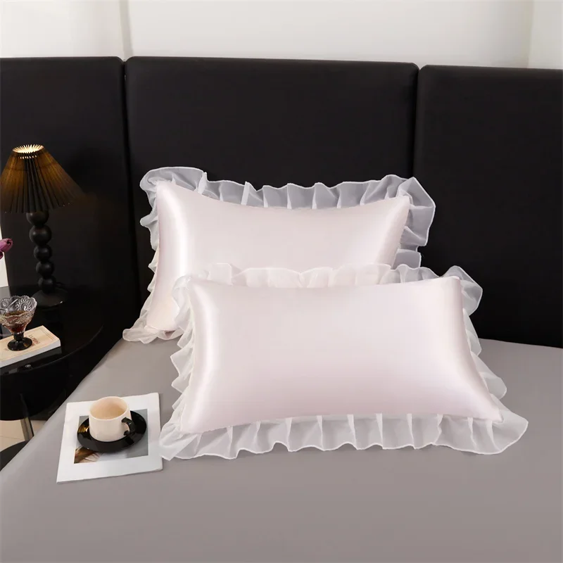 1pc Ruffle  SILKY SATIN Pillowcase  Woven Lace Active Printing, Machine Washable,  Craft Style Pleated Envelope Pillowcase