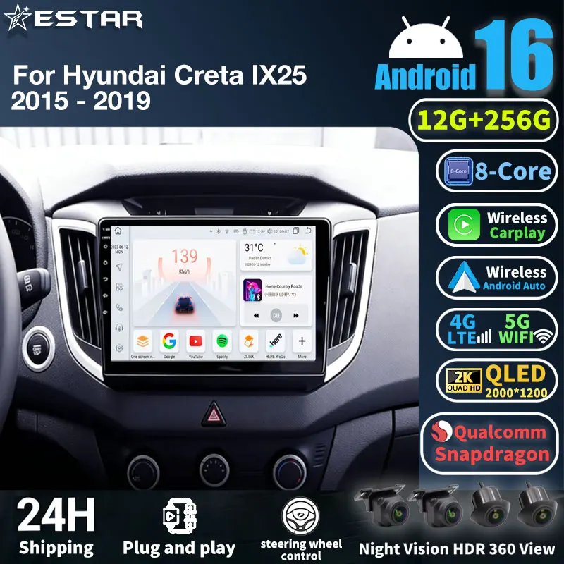 Android 16 Car Radio For Hyundai Creta IX25 2015 - 2019 GPS Multimedia Player Navi Head Unit Stereo Wireless Carplay Auto DSP BT