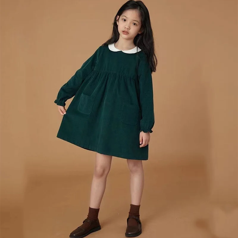 Spring 2024 New Corduroy Teen Girl Dress Cotton Kids Autumn Children Long Sleeve Dresses Princess Party Fashion Outfit Clothing